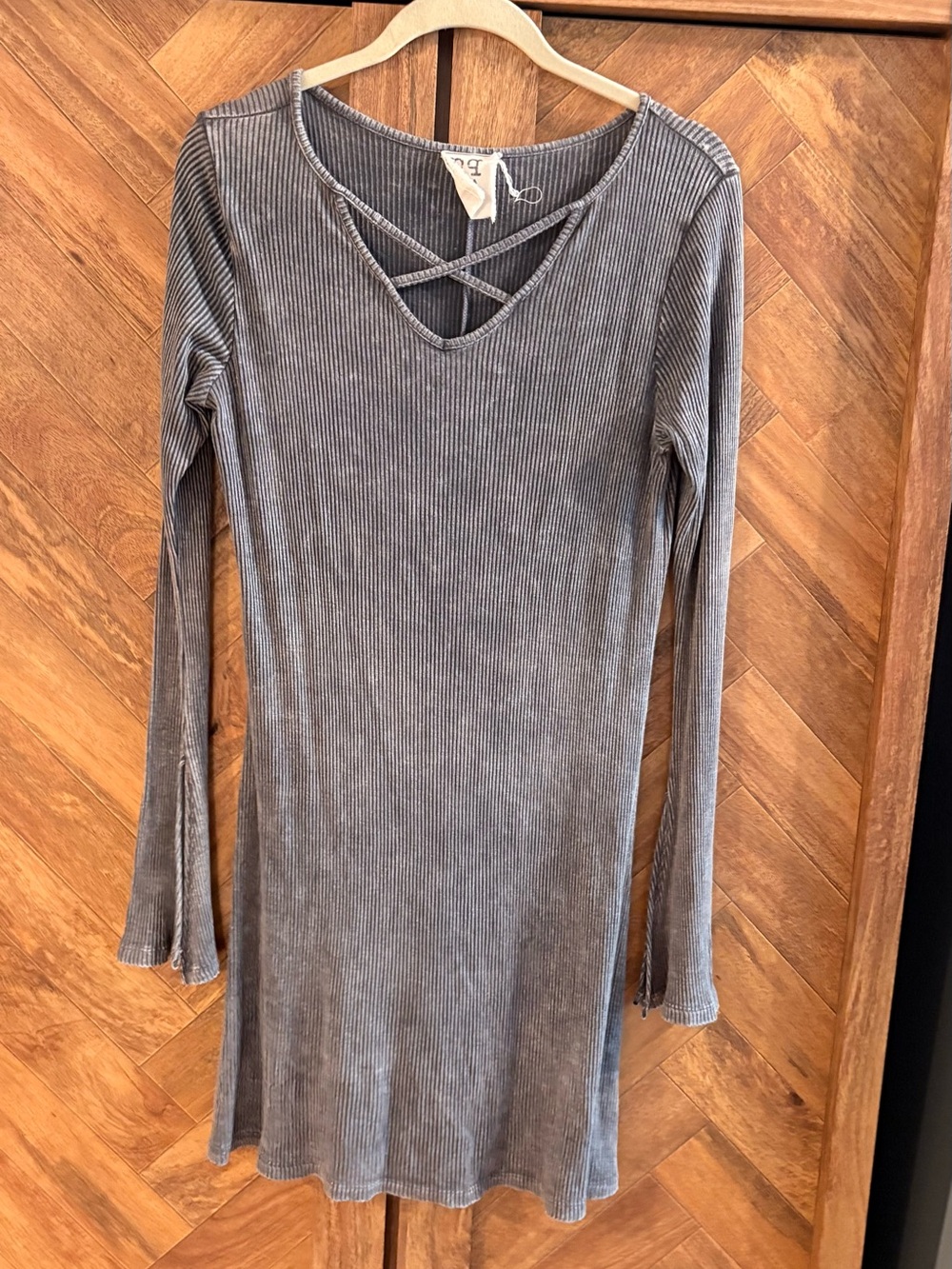 PPLA Clothing Gray Ribbed Long-Sleeve Dress with Crisscross Neckline
